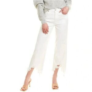 7 For All Mankind White Denim Cropped Alexa Straight Leg Raw Hem Jeans Size 26